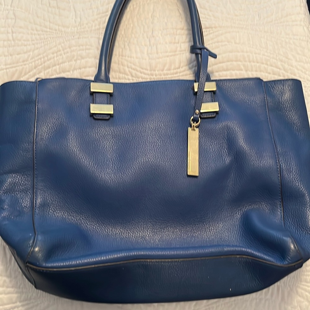 Vince Camuto Blue Leather Shoulder Tote with Gold Hardware